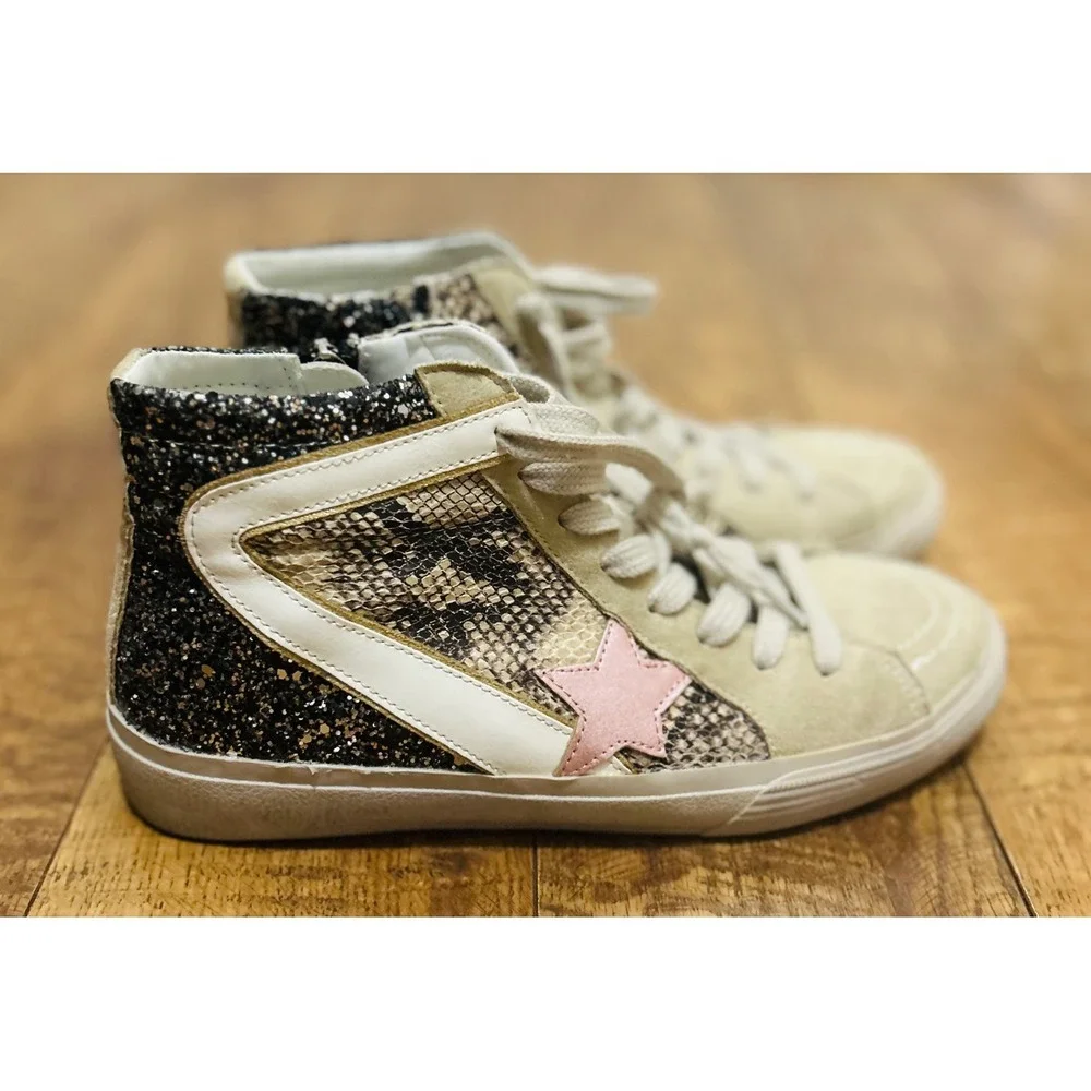 Shu Shop Passion Size 7 Womens High Top Sneakers Pink Star Zip‎ Lace Up Glitter